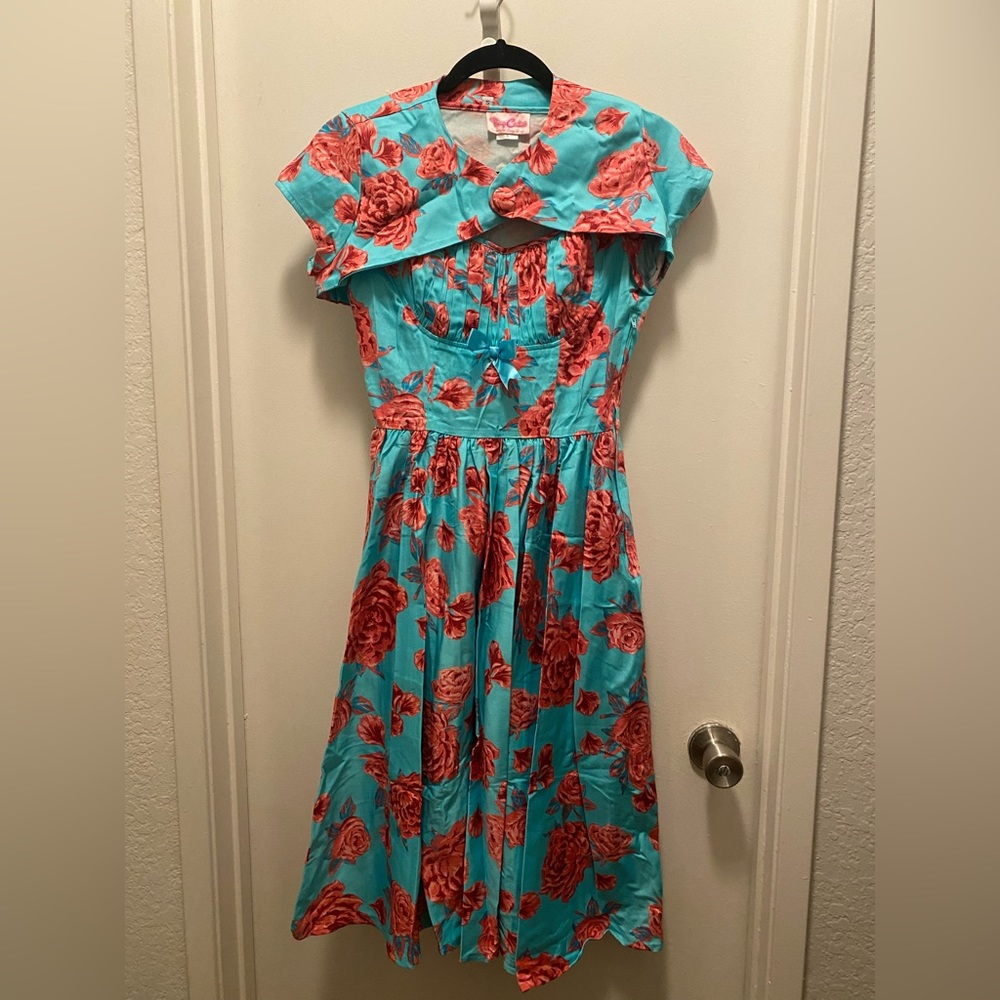 Pinup Couture dress blue with red flowers comes with bolero